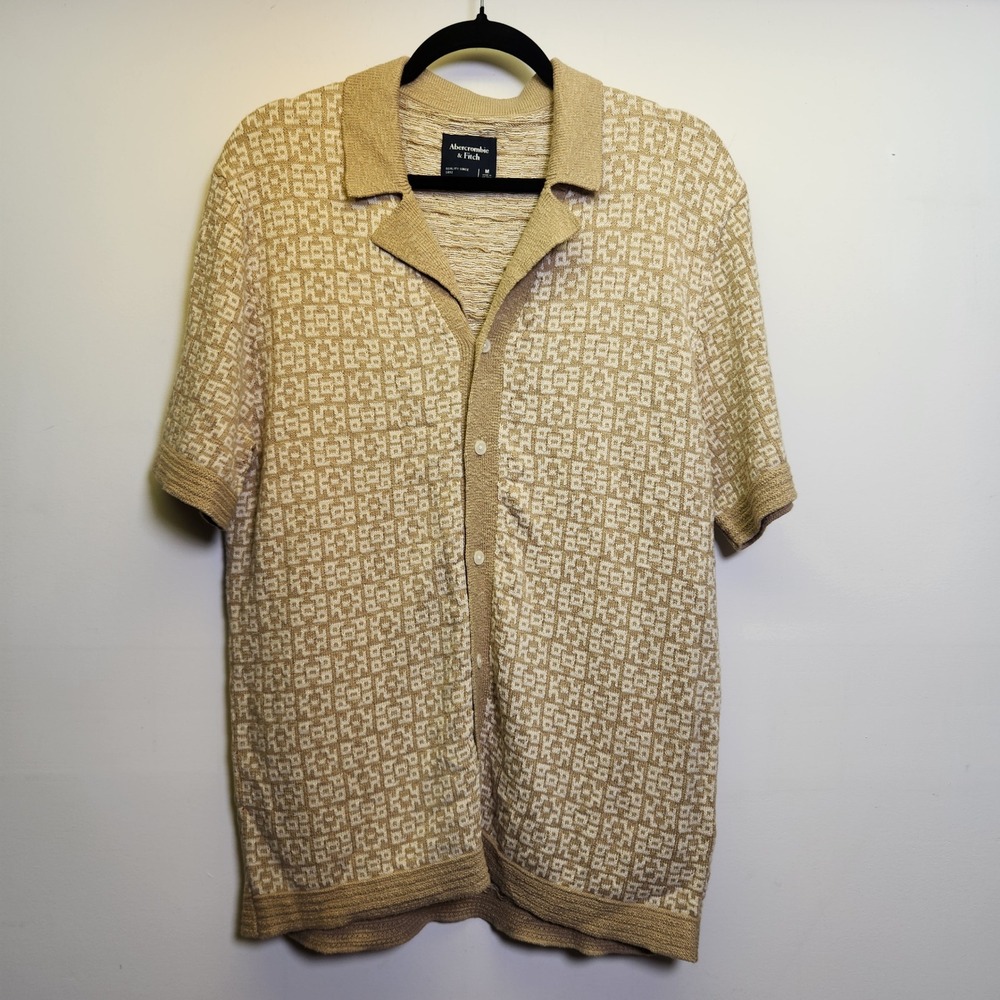 Abercrombie & Fitch Men's Med Jacquard Pattern Button Through Sweater Polo Beige